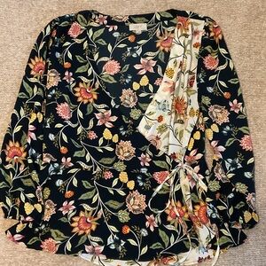 LOFT Floral Wrap Blouse - Black and Multicolor